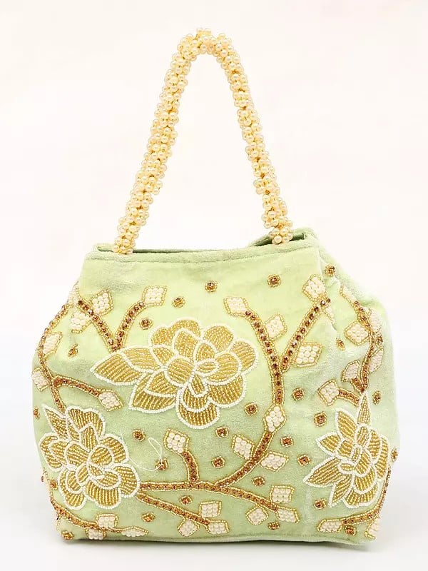 exotic india Light-Green Velvet Hand Bag with Floral Beads-Crystal Embroidery 