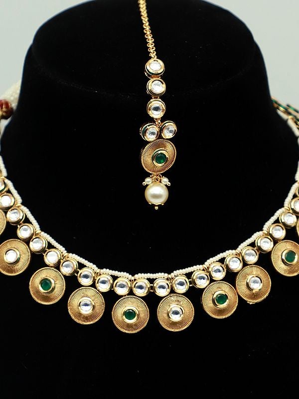 Exotic India Light Necklace Set In Matte Finishing With Earrings And Mangtika