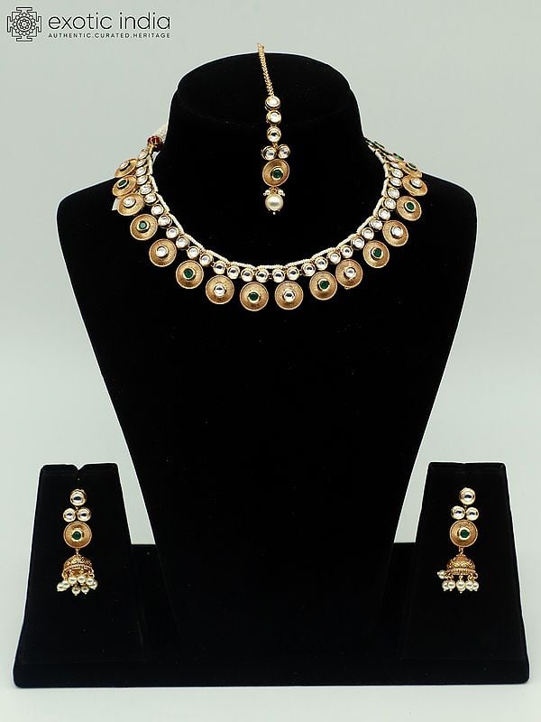 exotic india Light Necklace Set In Matte Finishing With Earrings And Mangtika 