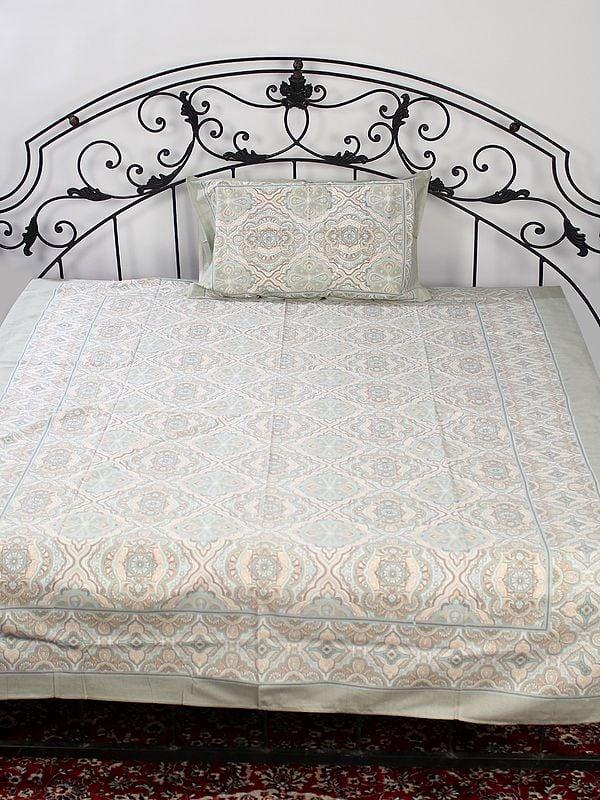 Exotic India Light-Olive Cotton Single Bed Size Mediterranean Motif Handblock Printed Bedsheet With Pillow Cover