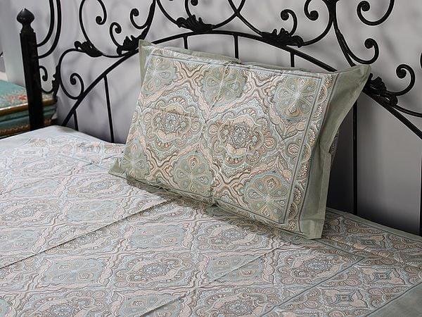 Exotic India Light-Olive Cotton Single Bed Size Mediterranean Motif Handblock Printed Bedsheet With Pillow Cover