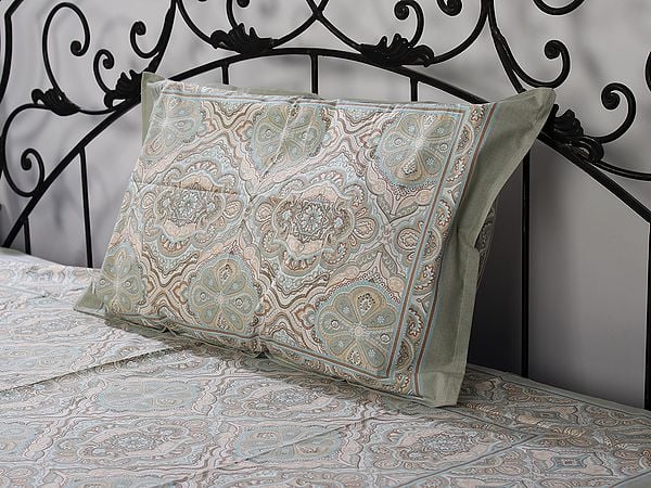 Exotic India Light-Olive Cotton Single Bed Size Mediterranean Motif Handblock Printed Bedsheet With Pillow Cover