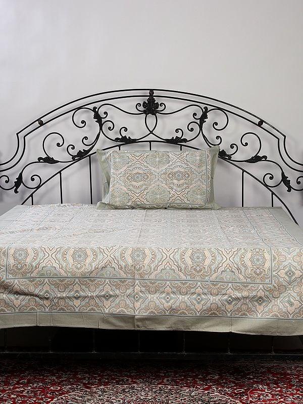 exotic india Light-Olive Cotton Single Bed Size Mediterranean Motif Handblock Printed Bedsheet with Pillow Cover 