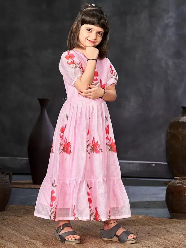 Exotic India Light-Pink Floral Printed Dress With Round Flair For Girls 