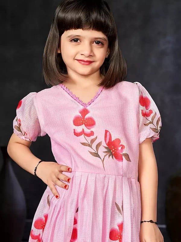 Exotic India Light-Pink Floral Printed Dress With Round Flair For Girls 