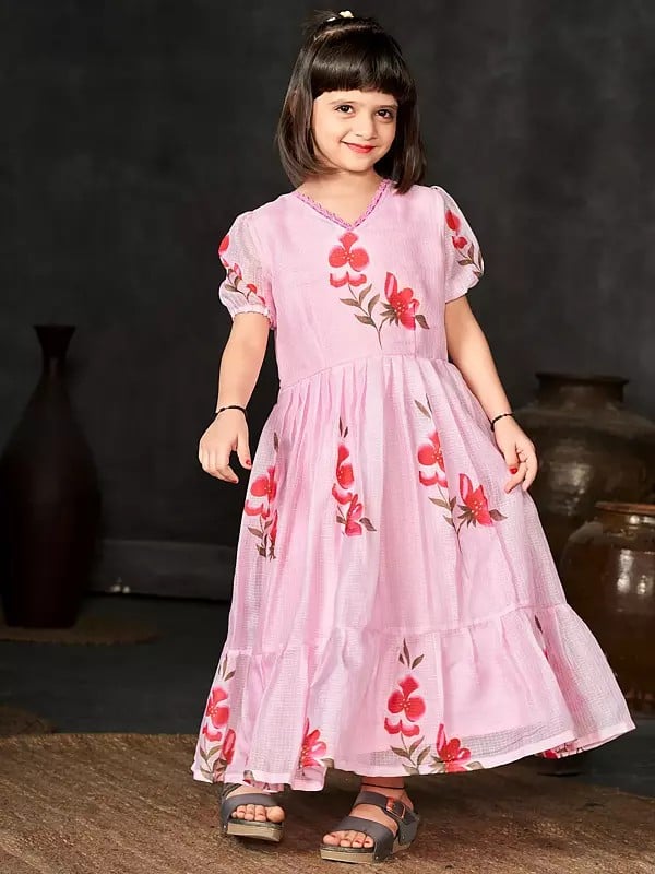 Exotic India Light-Pink Floral Printed Dress With Round Flair For Girls 