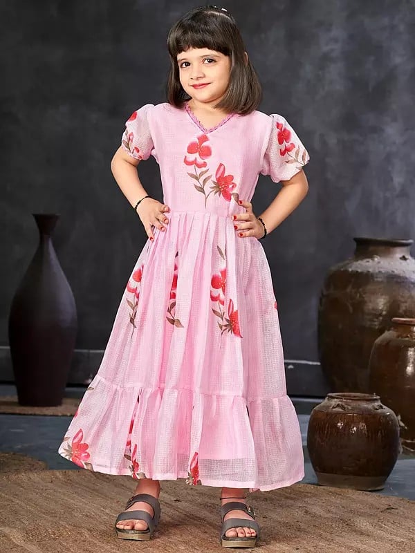 exotic india Light-Pink Floral Printed Dress With Round Flair For Girls 