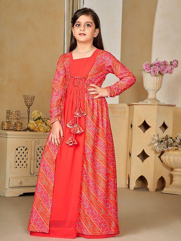 Exotic India Light-Red Faux Georgette Digital Print Full Round Flair 2 Piece Shrug Set Indo-Western Suit For Kids 