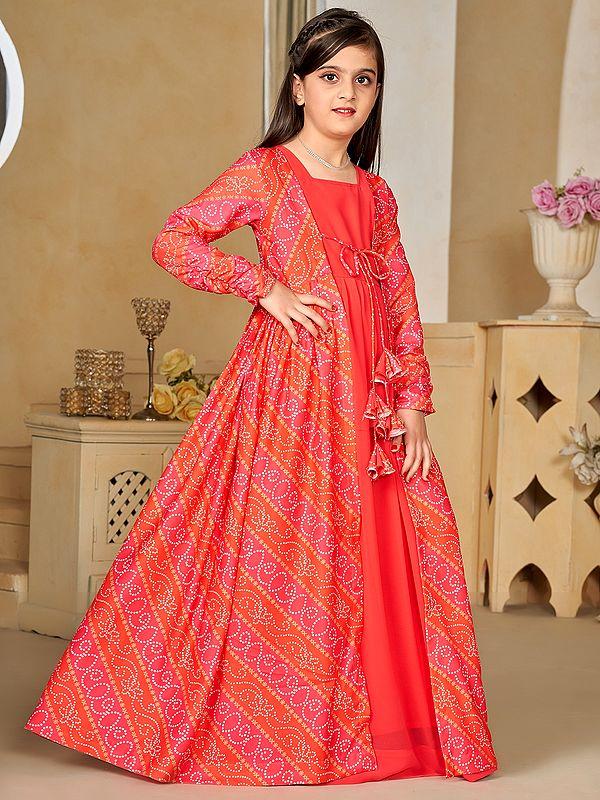 Exotic India Light-Red Faux Georgette Digital Print Full Round Flair 2 Piece Shrug Set Indo-Western Suit For Kids 