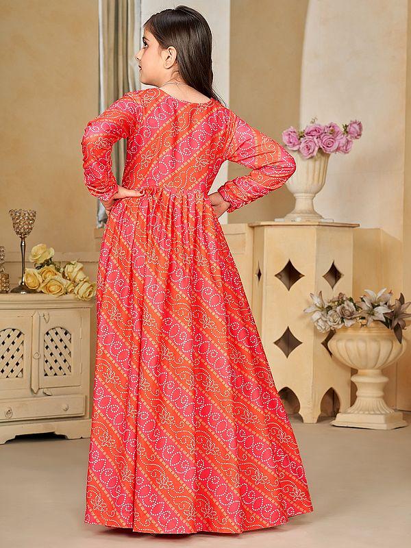 Exotic India Light-Red Faux Georgette Digital Print Full Round Flair 2 Piece Shrug Set Indo-Western Suit For Kids 