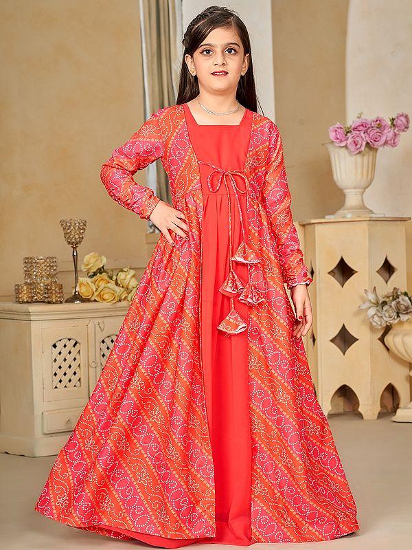 exotic india Light-Red Faux Georgette Digital Print Full Round Flair 2 Piece Shrug Set Indo-Western Suit For Kids 