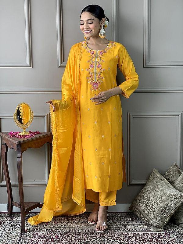 Exotic India Lightning-Yellow Viscose Chanderi Floral Embroidery Work Kurta Set With Matching Dupatta