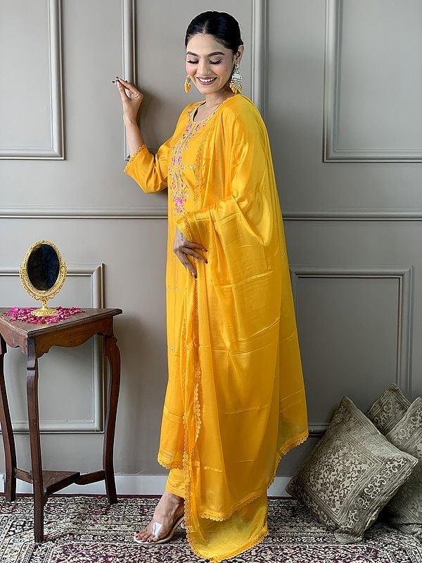 Exotic India Lightning-Yellow Viscose Chanderi Floral Embroidery Work Kurta Set With Matching Dupatta