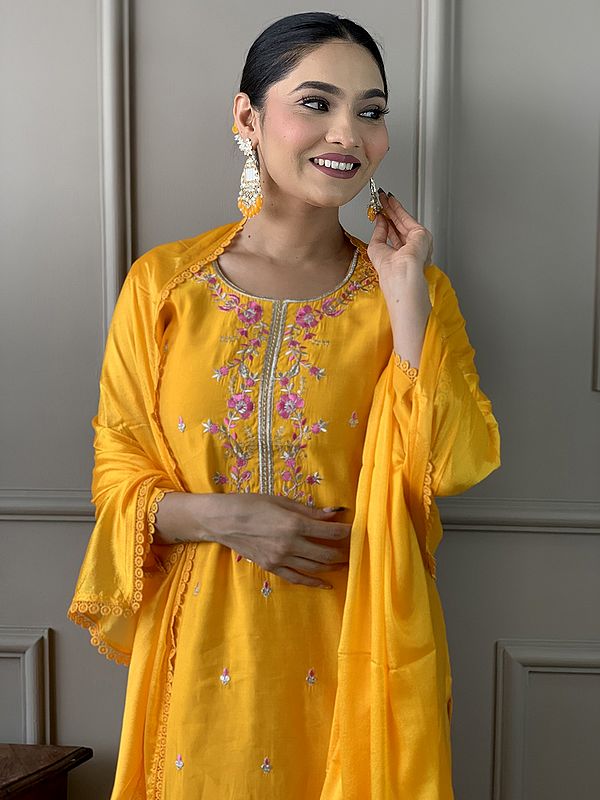 Exotic India Lightning-Yellow Viscose Chanderi Floral Embroidery Work Kurta Set With Matching Dupatta