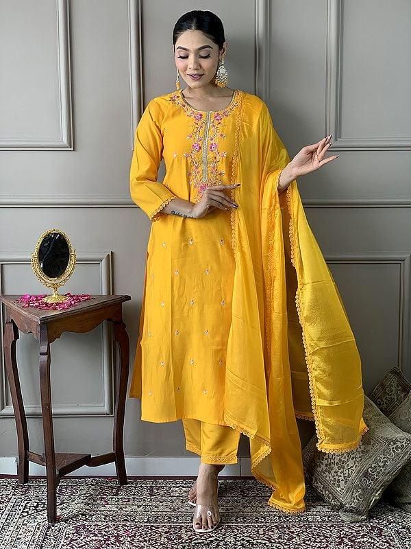 exotic india Lightning-Yellow Viscose Chanderi Floral Embroidery Work Kurta Set With Matching Dupatta 