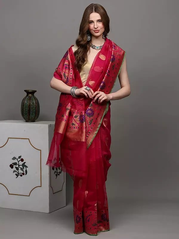 Exotic India Lilac-Rose Banarasi Saree With Golden Thread Woven Paisleys And Wide Border 