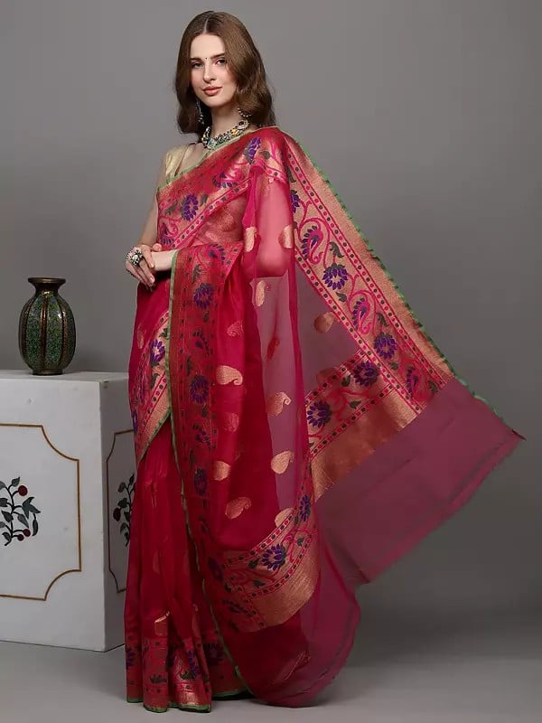 Exotic India Lilac-Rose Banarasi Saree With Golden Thread Woven Paisleys And Wide Border 