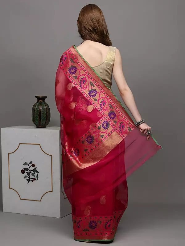Exotic India Lilac-Rose Banarasi Saree With Golden Thread Woven Paisleys And Wide Border 