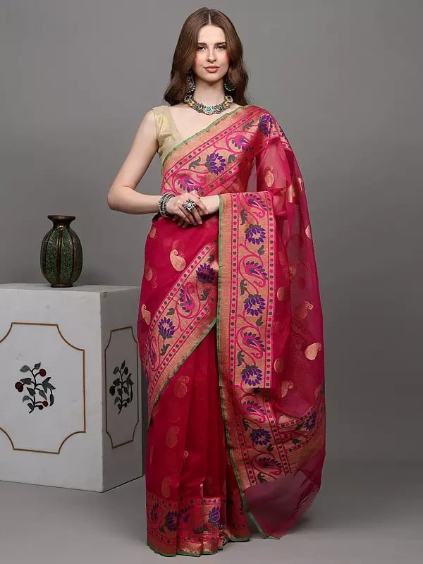exotic india Lilac-Rose Banarasi Saree with Golden Thread Woven Paisleys and Wide Border 