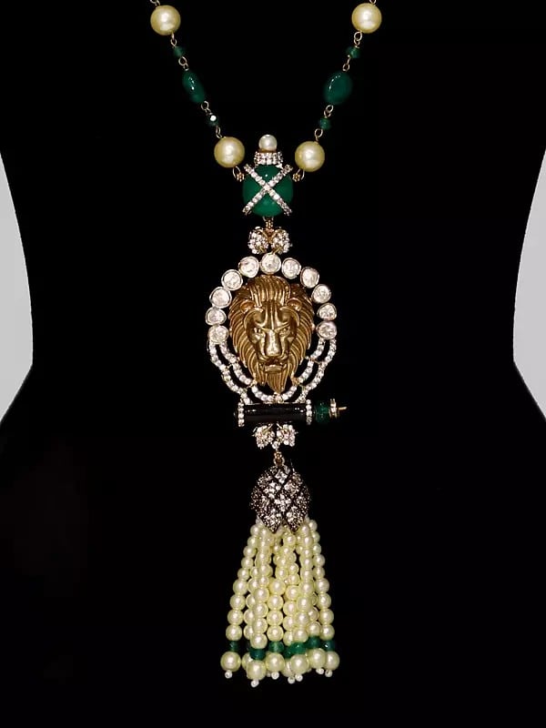 Exotic India Lion Face Long Beaded Elegant Necklace Set With Earrings