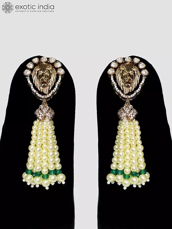 Exotic India Lion Face Long Beaded Elegant Necklace Set With Earrings