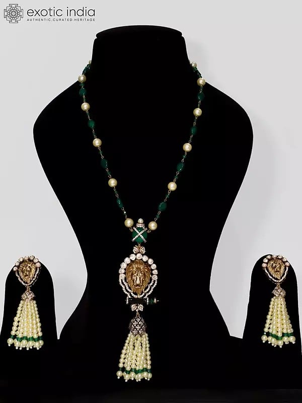 exotic india Lion Face Long Beaded Elegant Necklace Set With Earrings
