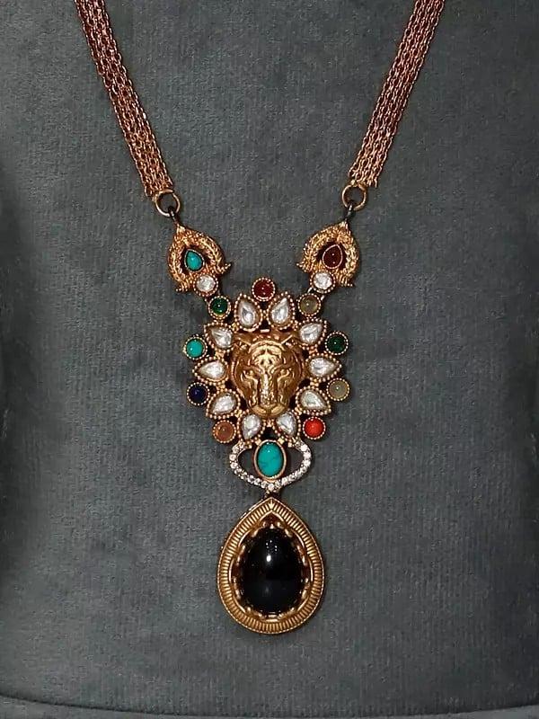 Exotic India Lion Face Stone Studded Designer Jewelry Set With Earrings