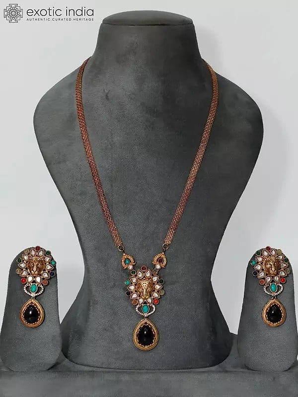 exotic india Lion Face Stone Studded Designer Jewelry Set With Earrings