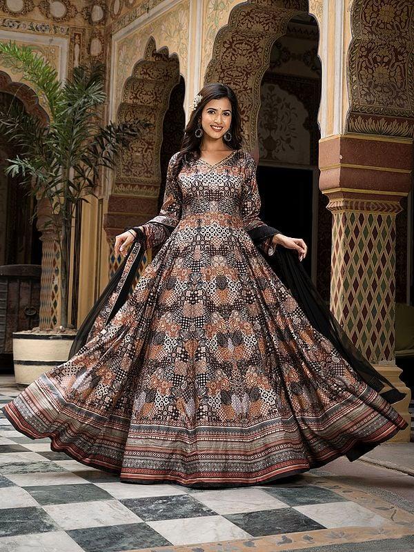 Exotic India Long Flared Attractive Digital Print Work Dola Silk Festive Wear Gown With Naznin Dupatta 