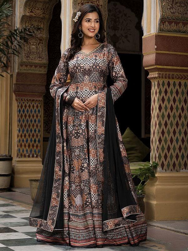 Exotic India Long Flared Attractive Digital Print Work Dola Silk Festive Wear Gown With Naznin Dupatta 