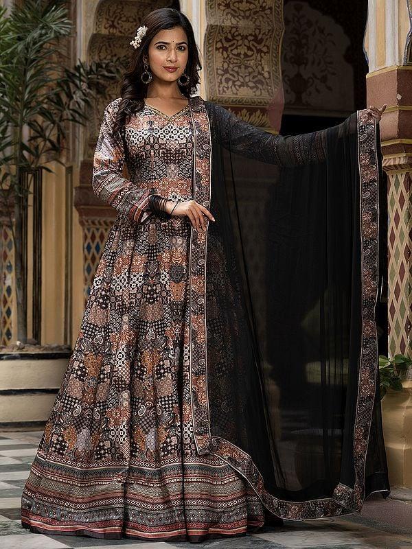 Exotic India Long Flared Attractive Digital Print Work Dola Silk Festive Wear Gown With Naznin Dupatta 