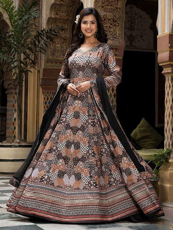 exotic india Long Flared Attractive Digital Print Work Dola Silk Festive Wear Gown With Naznin Dupatta 