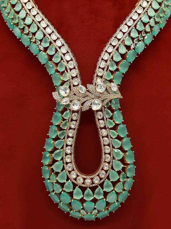 Exotic India Long Floral Design Moissanite Kundan With Matt Polish Necklace With Teardrop Earrings 