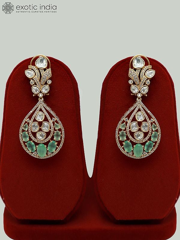 Exotic India Long Floral Design Moissanite Kundan With Matt Polish Necklace With Teardrop Earrings 