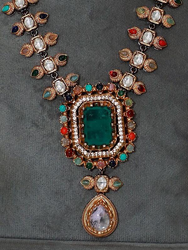 Exotic India Long Multicolor Emerald Stone Studded Necklace Set With Earrings