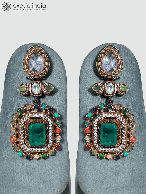 Exotic India Long Multicolor Emerald Stone Studded Necklace Set With Earrings