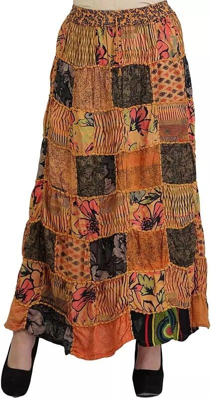 Exotic India Long Printed Dori Skirt From Gujarat With Patch Work