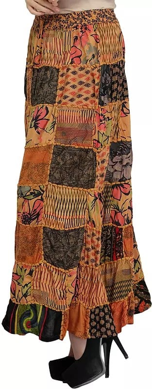 Exotic India Long Printed Dori Skirt From Gujarat With Patch Work