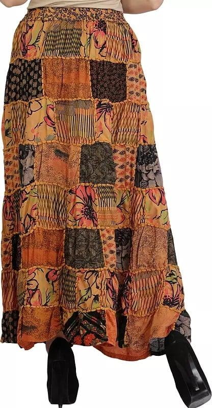 Exotic India Long Printed Dori Skirt From Gujarat With Patch Work