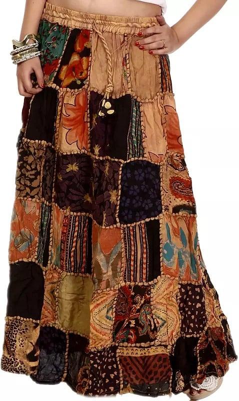 exotic india Long Printed Dori Skirt from Gujarat with Patch Work