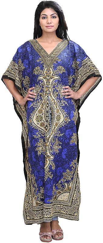 exotic india Long Printed Kaftan with Dori at Waist 