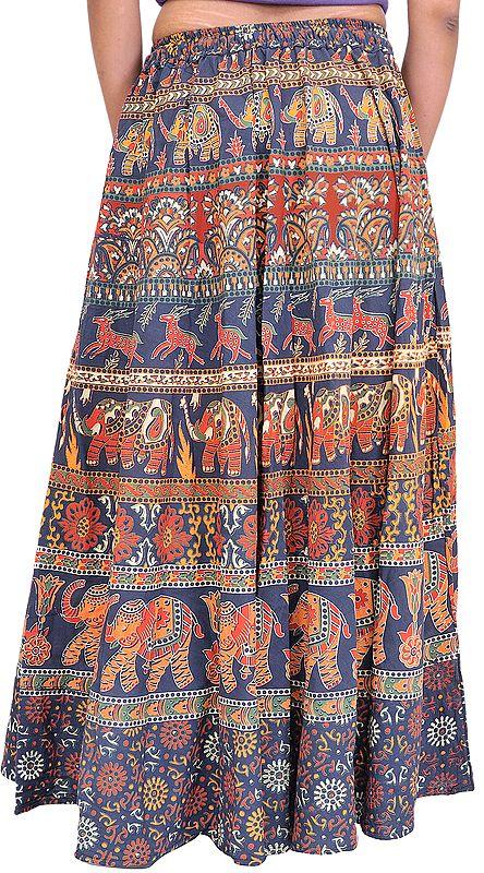 Exotic India Long Sanganeri Printed Skirt With Elephants And Deers