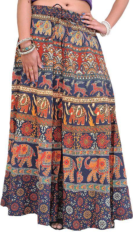 exotic india Long Sanganeri Printed Skirt with Elephants and Deers