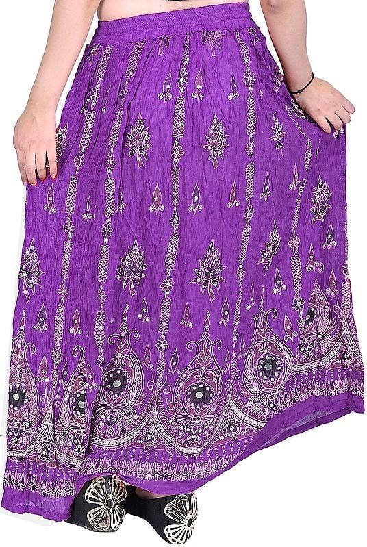 Exotic India Long Skirt With Printed Flowers And Embroidered Sequins