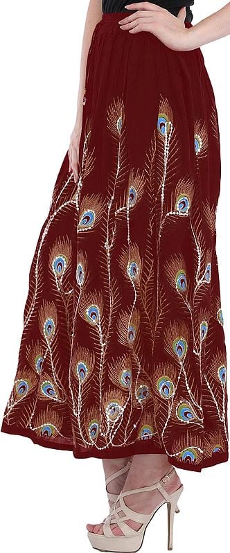 Exotic India Long Skirt With Printed Peacock Feather And Embroidered Sequins 