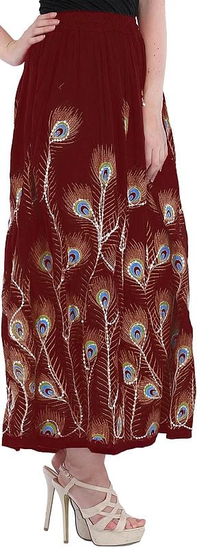 Exotic India Long Skirt With Printed Peacock Feather And Embroidered Sequins 