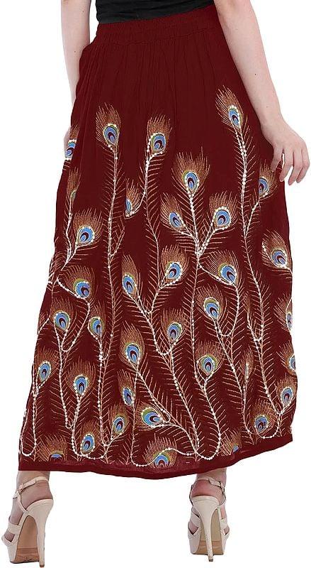 Exotic India Long Skirt With Printed Peacock Feather And Embroidered Sequins 