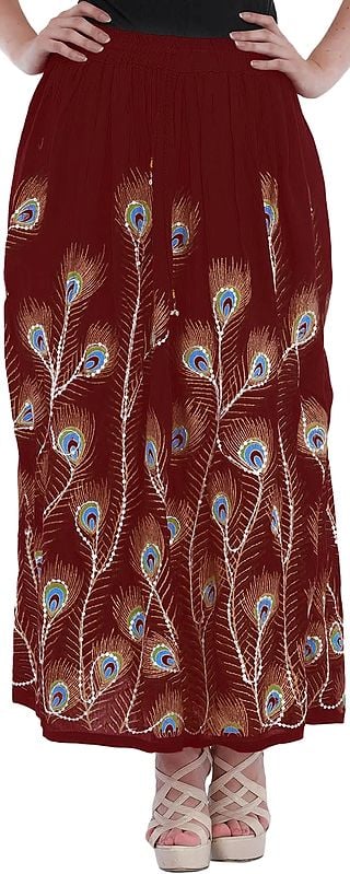 exotic india Long Skirt with Printed Peacock Feather and Embroidered Sequins 