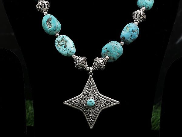 Exotic India Long Turquoise Four-Pointed Star Necklace With Filigree Work