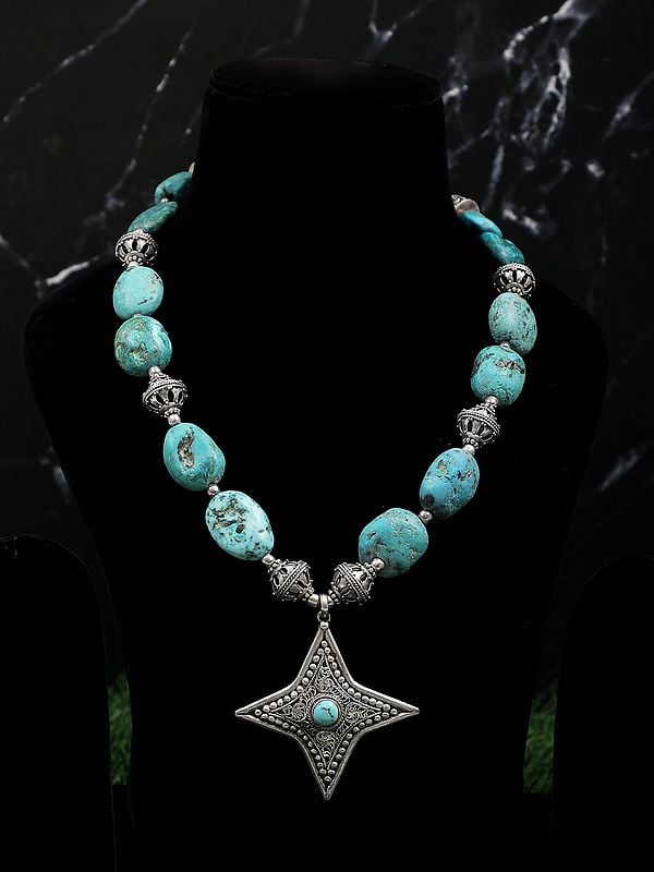 exotic india Long Turquoise Four-Pointed Star Necklace with Filigree Work